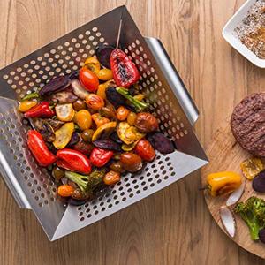 Grill Basket Wok Topper Pan Smoker for Grilling Barbecue Vegetables Fish Stir Fry Seafood Kabob Pizza or Veggies 100% Heavy Duty Stainless Steel BBQ Camping Cookware Charcoal Gas Outdoor Accessories