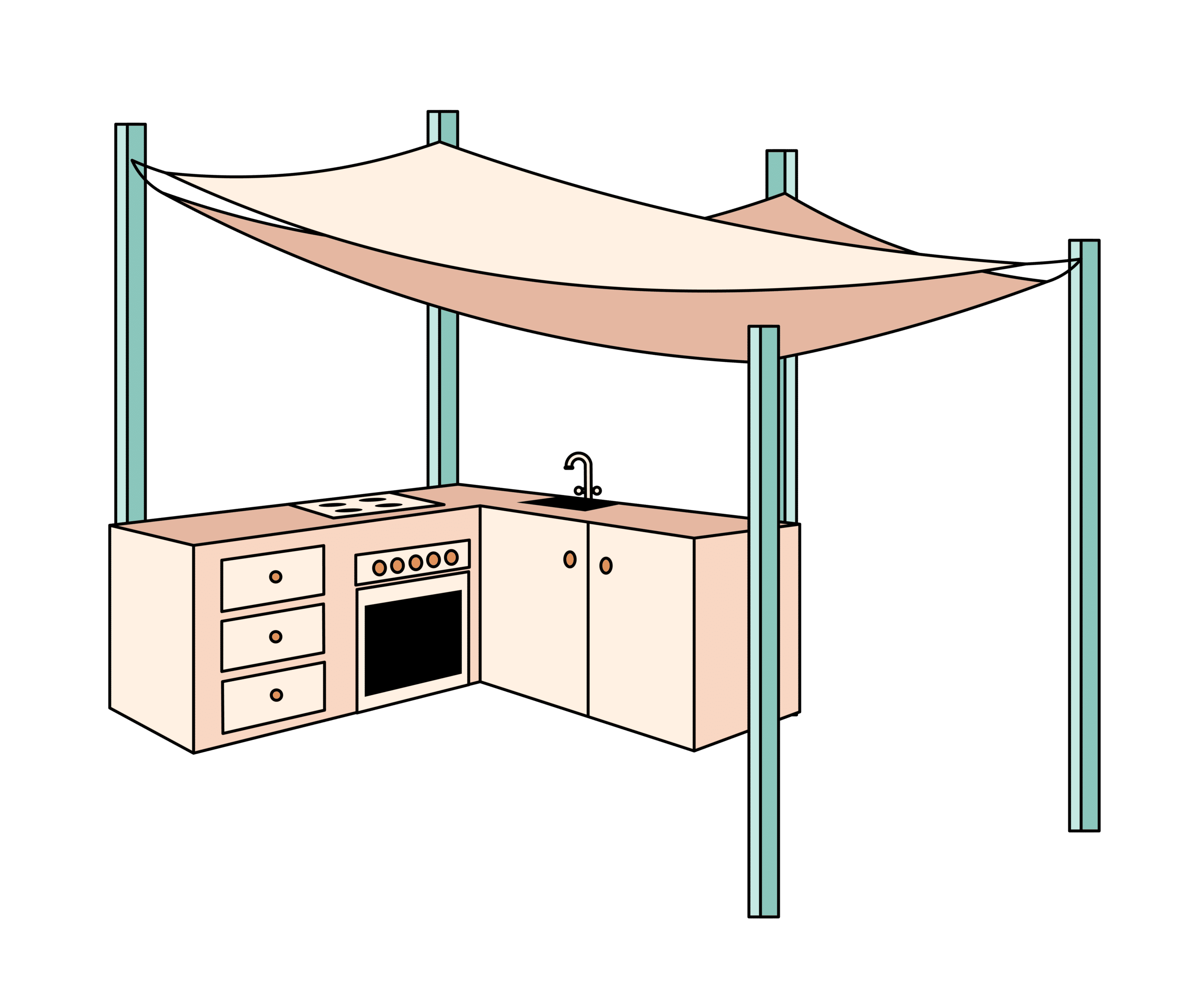 Sail shade roof for outdoor kitchen